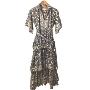 Sue Sartor Anthropologie Flounce Dress Neutral Tobacco/Tan Color Botanical Print